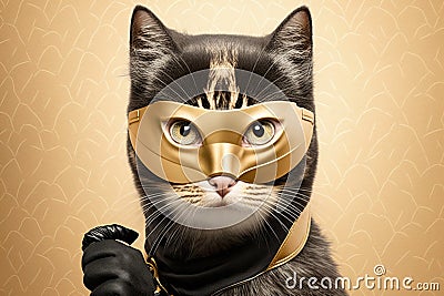 a cute cat in a burglar mask, created with Generative AI technology Stock Photo