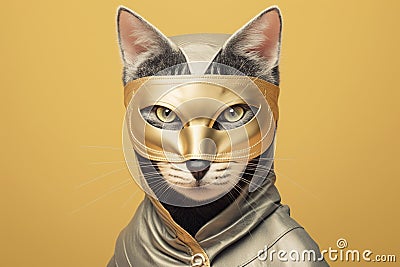 a cute cat in a burglar mask, created with Generative AI technology Stock Photo