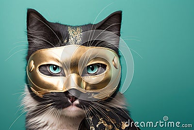 a cute cat in a burglar mask, created with Generative AI technology Stock Photo