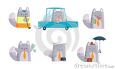 Cute Cat Character Doing Business at Work Vector Set Vector Illustration