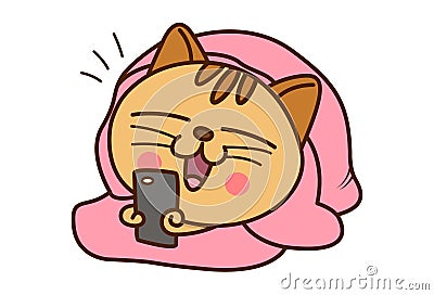 Cute Cat chatting on the phone while sitting in the blanket. Stock Photo