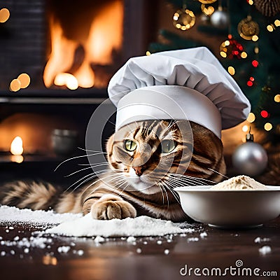 Cute cat with chef hat and christmas baking tool for making cookies Stock Photo