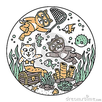 cute cat diving in the sea Vector Illustration