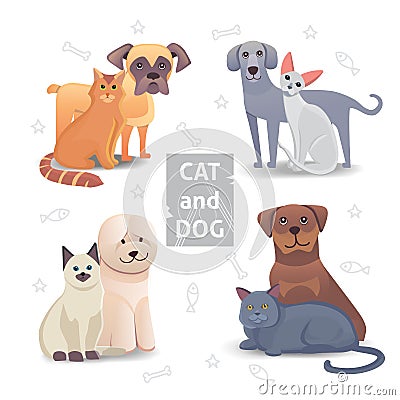 Cute Cat and Dog cartoon illustration. Home pet friends. Vector Illustration