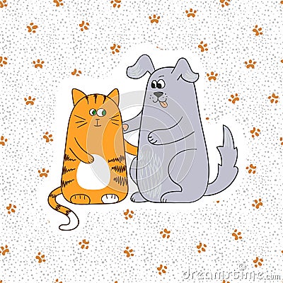 Cute cat and dog. Doodle vector illustration. Vector Illustration