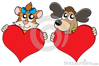 Cute cat and dog with red hearts Vector Illustration