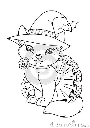 Cat Dressed as Halloween Witch Coloring Page Vector Illustration