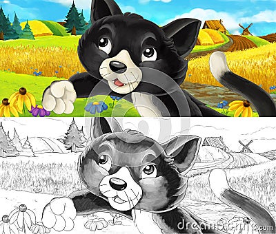 Cute cat on the field - being happy - waving to someone - with coloring page - illustration for children Cartoon Illustration