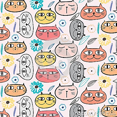 Cute Cat And Floral Pattern Background. Vector Illustration