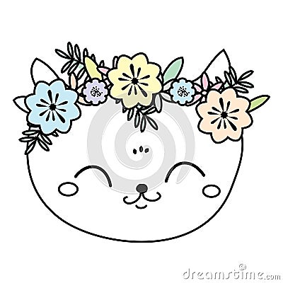 Cute cat in flower wreath. Sweet kitten face, summer mood Vector Illustration