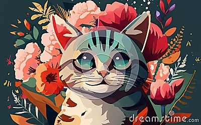 Cute Cat With Flowers Generated By Ai Vector Stock Photo