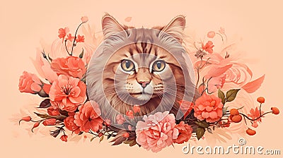 Cute cat with flowers on pink background. Digital art painting. Stock Photo