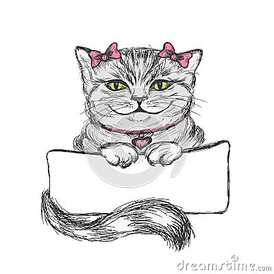 Cute cat girl holds in paws a sign for an inscription Vector Illustration