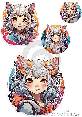 Cute cat girl set of stickers with a spring mood Stock Photo