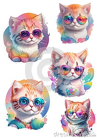 Cute cat with glasses, airy mood, set of stickers, rainbow cats Stock Photo