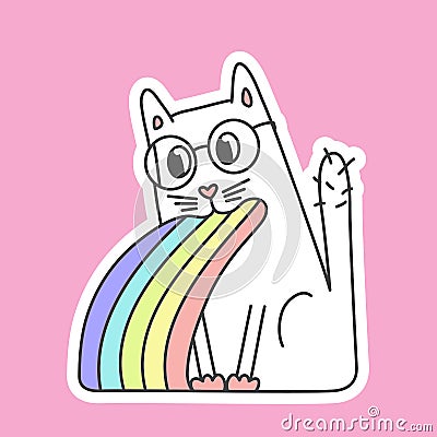 Cute cat in glasses in kawaii style puke rainbow Vector Illustration