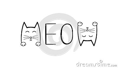 Cute cat graphic.Meow handwriting lettering. Vector Illustration