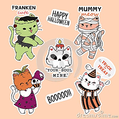 Cute cat Halloween sticker collection, frankenstien, pumpkin head, mumy, doodle outline, idea for sticker, sublimation, journal, Vector Illustration