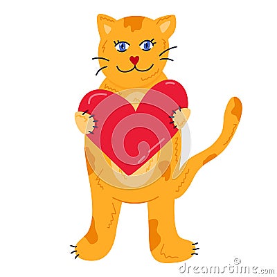 Cute cat with heart. Kitty holds big heart in the paws and hands it to you Vector Illustration