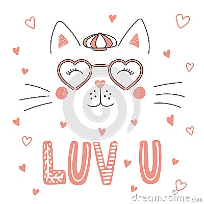 Cute cat in heart shaped glasses Vector Illustration