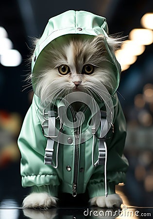 Cute cat in hip hop style outfit. Glamorous fashion concept. Unreal and futuristic. Ai generated Stock Photo