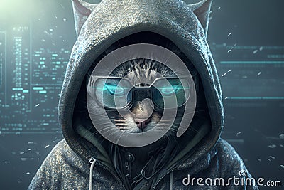 Cute Cat in Hoodie as Cybersecurity Hacker, Wearing VR Goggles in a Digital Cyberspace Environment, Representing Modern Stock Photo