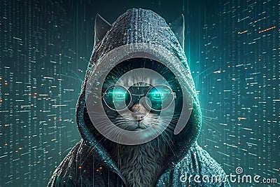 Cute Cat in Hoodie as Cybersecurity Hacker, Wearing VR Goggles in a Digital Cyberspace Environment, Representing Modern Stock Photo