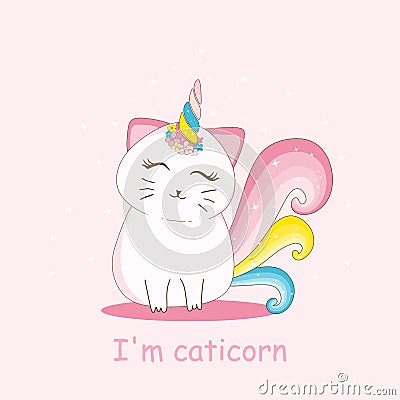 Cute cat with horn unicorn, flower crown and rainbow tail Vector Illustration