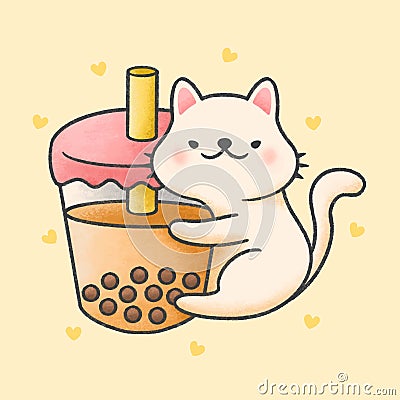 Cute cat hug bubble milk tea fresh drink cartoon hand drawn style Stock Photo