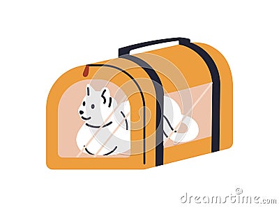 Cute cat inside bag, travel case. Feline animal lying in closed luggage. Baggage with handle for carrying kitty pet Vector Illustration