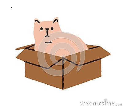 Cute cat inside box. Funny kitty sitting in cardboard package. Amusing feline animal pet in open carton pack. Adorable kitten in Vector Illustration