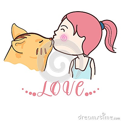 Cute cat kiss young girl, lovely bonding and relationship between animal and human Vector Illustration