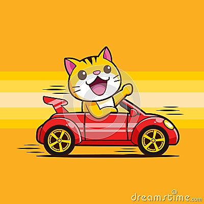 Cute Cat Kitten driving a car fast Vector Illustration