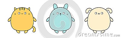Cute cat kitten kitty bunny rabbit hare dog puppy set. Kawaii cartoon baby character. Round contour icon. Funny head face. Happy Vector Illustration