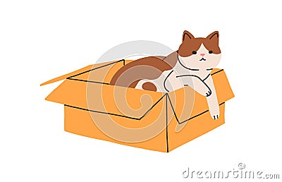 Cute cat lying inside cardboard box. Funny kitty relaxing in open carton package. Amusing sweet lovely feline animal on Vector Illustration