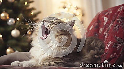 Cute cat lying on modern armchair and yawning on background of stylish decorated christmas tree in sunny room. Pet and winter Stock Photo