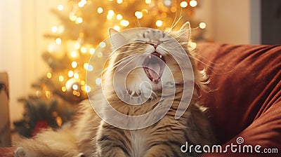 Cute cat lying on modern armchair and yawning on background of stylish decorated christmas tree in sunny room. Pet and winter Stock Photo