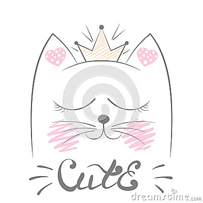 Cute cat meow illustration. Funny princess and crown for print t-shirt. Hand drawn style. Vector Illustration
