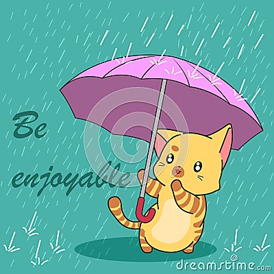 Cute cat in Monsoon season. Vector Illustration