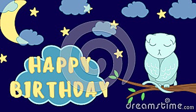 Cute cat owl fantasy adorable sleeping cartoon drawn animal, on night sky background with moon light and stars, for birthday Vector Illustration