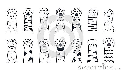 Cute cat paws. Doodle kitten and puppy limbs, wild or domestic animals furry feet with claws. Cartoon sketch of contour Vector Illustration