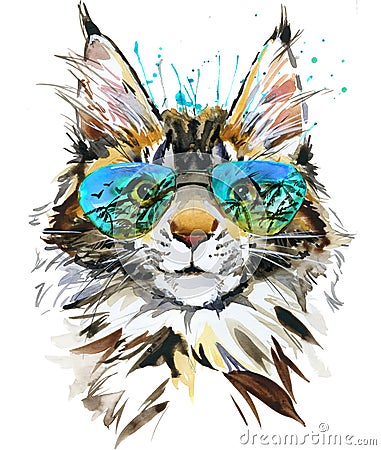 Cute Cat Portrait. Maine Coon cat. watercolor cat illustration Cartoon Illustration
