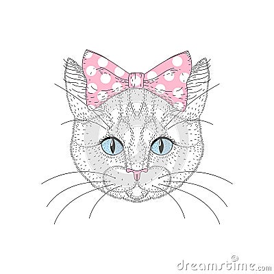 Cute cat portrait with pin up bow tie on head. Hand drawn kitty Vector Illustration