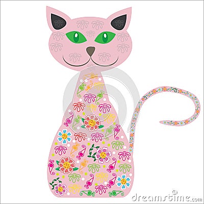 Cute vector cat with pretty flowers on a white ba Vector Illustration