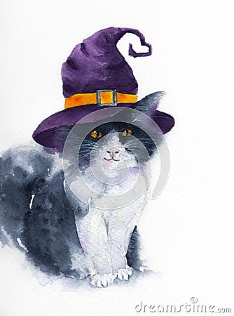 The cute cat with purple witch hat. Cartoon Illustration