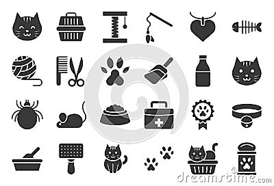 cute cat related icon such as cat litter box and toy, solid design Vector Illustration