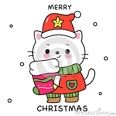 Cute Cat santa with Christmas sock (happy new year kids) animal kawaii kitten vector for fairy tale book. Vector Illustration