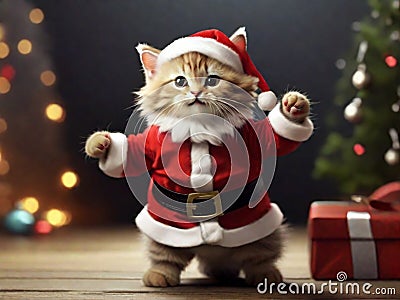 Cute cat with Santa Claus dressing is dancing and smiling Stock Photo