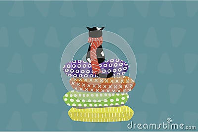 Cute cat in a scarf sitting on pillows Vector Illustration