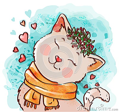 Cute cat in scarf. Winter kids illustration. Lovely kitten Vector Illustration